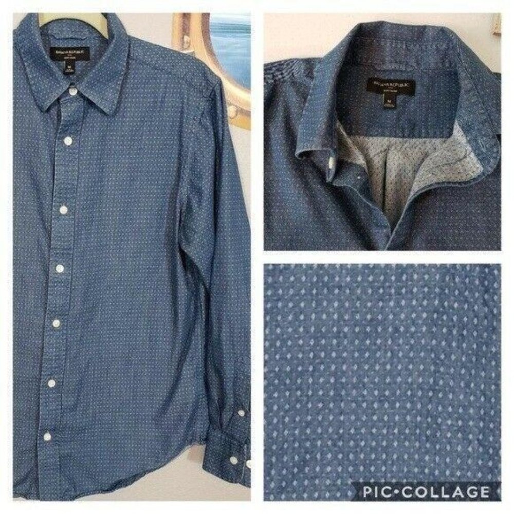 Men's casual Banana Republic cotton long sleeve button up shirt blue Gilmore Dot